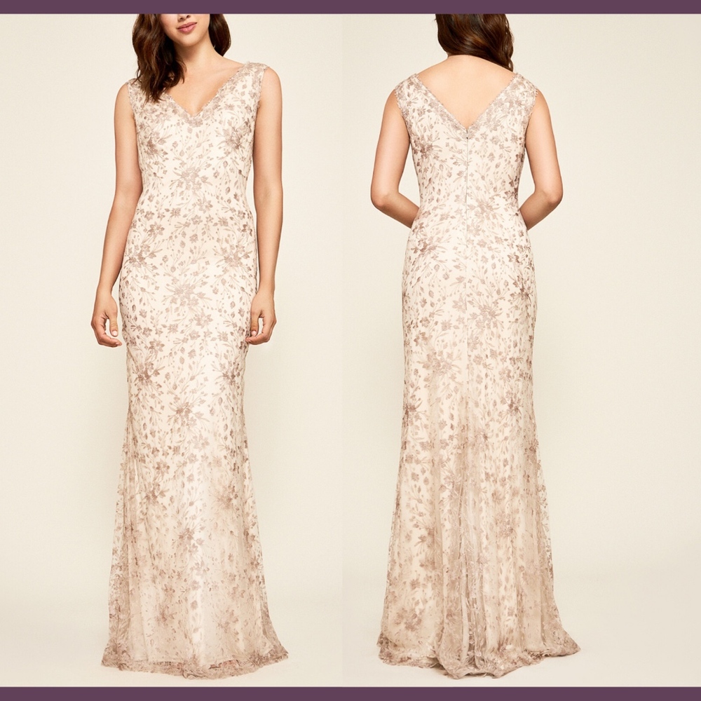 NEW $648 Tadashi Shoji Chiron Metallic‎ Embroidered Lace Gown [SZ 12 ]